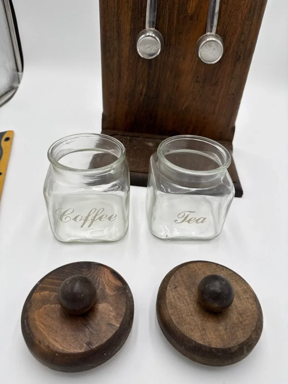 Vintage Wooden CoffeeTea Canister Set Glass Jars Wood Grandmacore Cottagecore